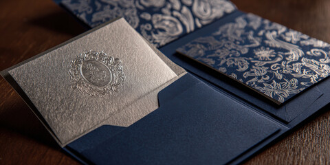 Elegant silver and navy blue invitation with intricate embossed floral patterns, showcasing luxury and sophistication. design features textured finish, perfect for formal events