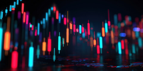Vibrant digital stock market dashboard displays glowing neon colored candlestick charts, illustrating dynamic financial data trends. colorful lights create energetic and futuristic atmosphere