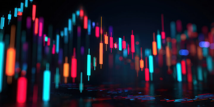 Vibrant digital stock market dashboard displays glowing neon colored candlestick charts, illustrating dynamic financial data trends. colorful lights create energetic and futuristic atmosphere