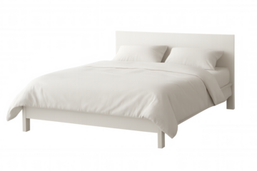 Modern white bed with two pillows and blanket isolated on transparent background, perfect for interior design projects