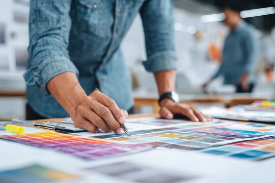 Client and consultant examining color swatches in smart casual attire