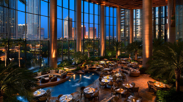 Evening cityscape view from a lush indoor restaurant with a pool