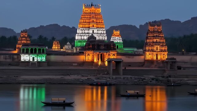 Majestic Hampi Temples at Dusk: Illuminated Indian Architecture & River Reflections