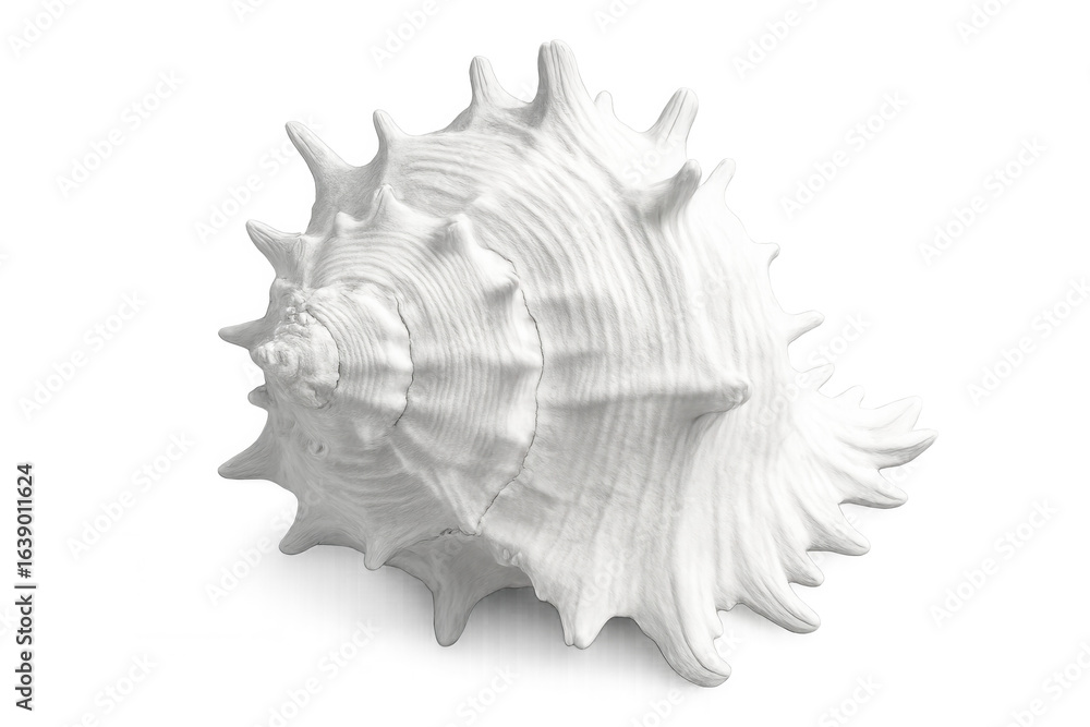 Poster white conch shell featuring intricate spiral pattern, showcasing natural curves and smooth surface a