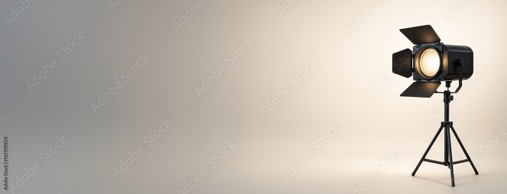 Poster professional studio spotlight on tripod illuminating empty space with soft gradient background for d