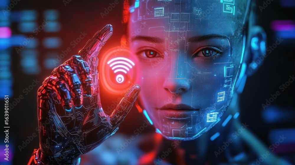Poster futuristic humanoid robot with transparent digital interface on face and cybernetic hand interacting