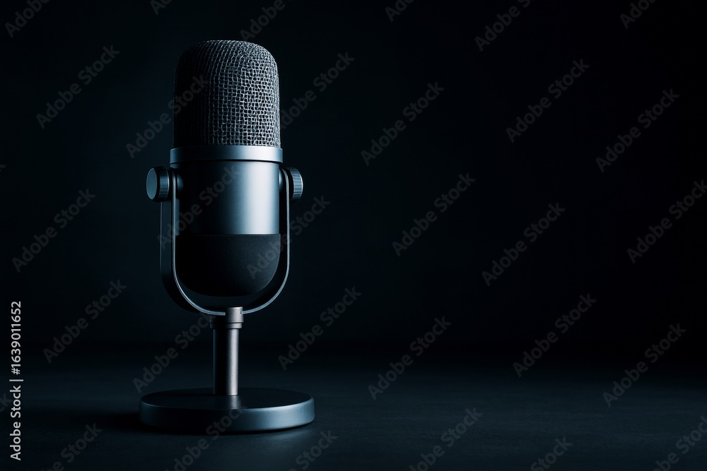 Poster professional studio microphone with dark background and copyspace for podcast or music production co