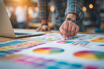 Fototapeta premium Entrepreneur consulting with analyst pointing at colorful financial charts in casual office