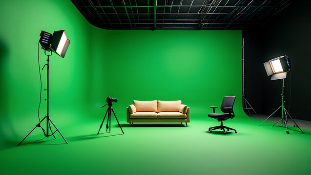 A professional video production studio prepared with a large green screen, camera on a tripod, and lighting equipment set for a film or television broadcast interview scene.