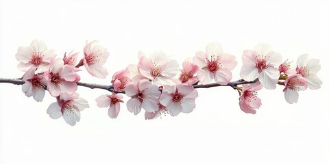 Obraz premium delicate light pink cherry blossoms blooming on a slender branch against a clean white background