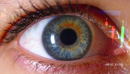 Macro shot of a human eye with financial stock chart overlay, reflecting market analysis