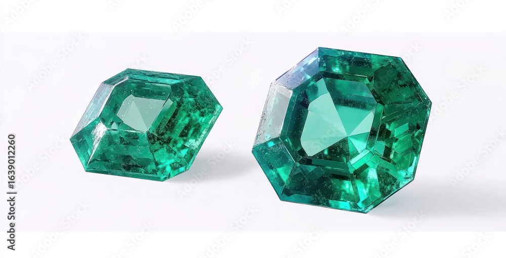 Poster close-up of two polished green emerald gemstones with octagonal and hexagonal cuts placed on a white