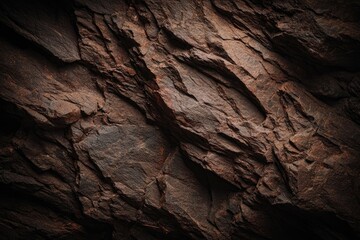 Close-up view of dark, rough-textured rock face.  Jagged, layered surface in shades of brown and dark gray.  Sharp angles and crevices dominate