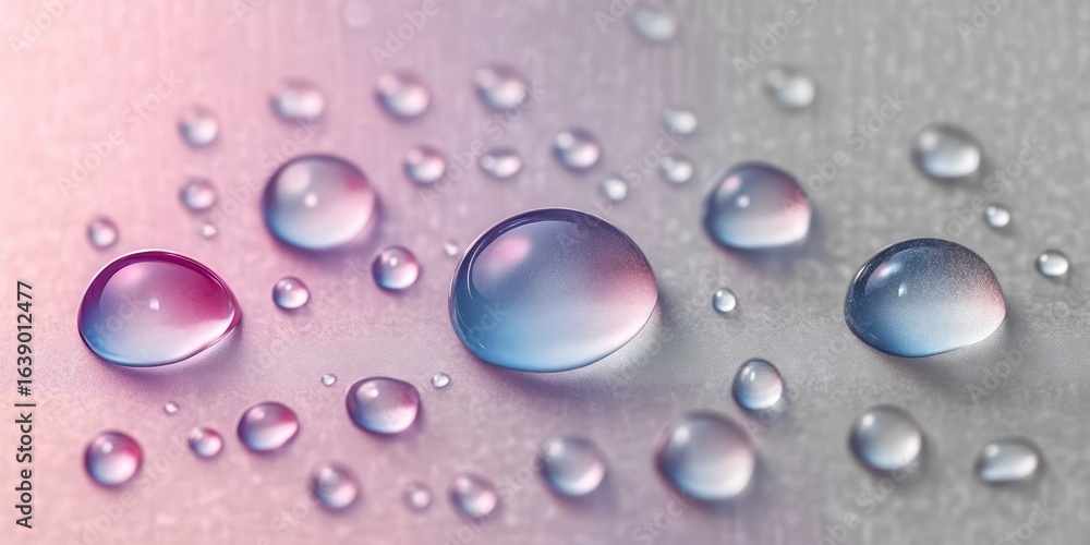 Poster close-up of multiple water droplets on a smooth surface showing reflections and soft gradient colors