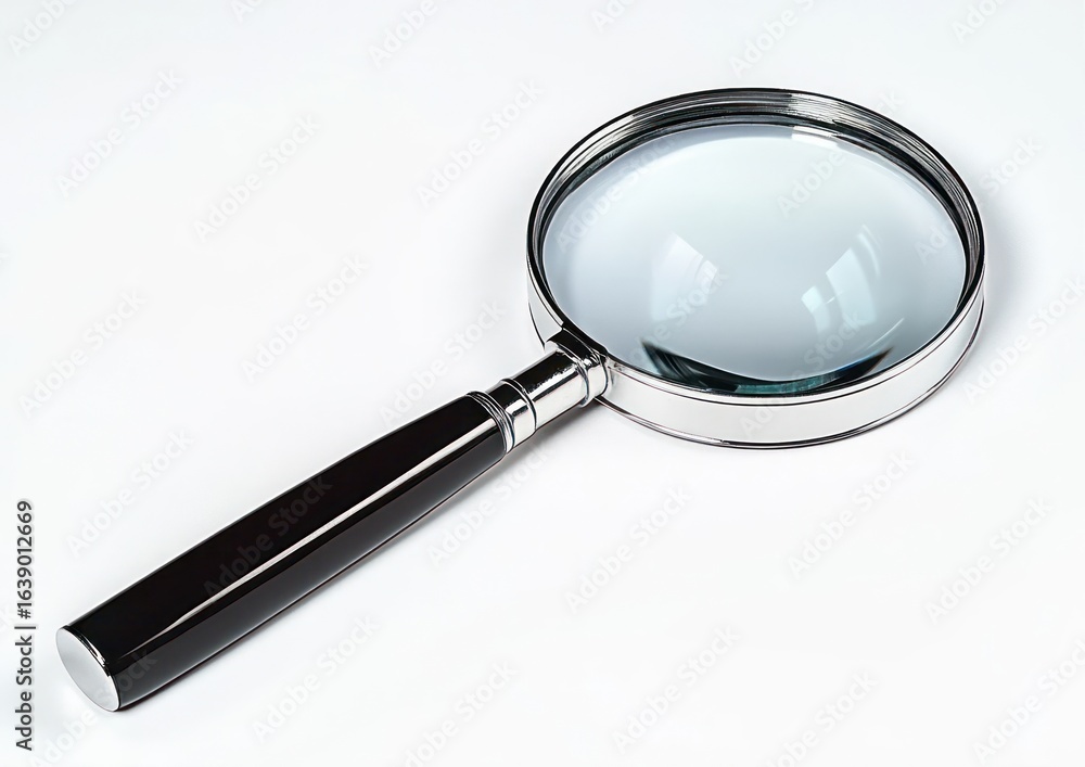 Poster close-up view of a magnifying glass with a black handle and shiny metal frame on a white background