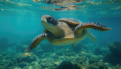 Fototapeta premium Majestic sea turtle glides gracefully through clear turquoise ocean waters near a coral reef.