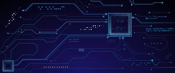 Technology Semiconductor on Blue Background. CPU with Light Glowing Neon Frame on Circuit Board.