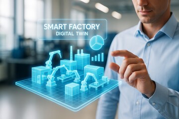 Man interacting with futuristic smart factory digital twin interface showing robotic arms and data charts in virtual space on blurred background. Ai generative