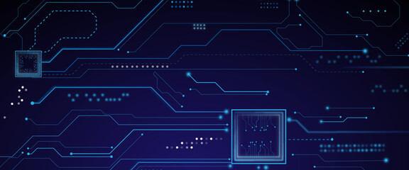 Technology Semiconductor on Blue Background. CPU with Light Glowing Neon Frame on Circuit Board.