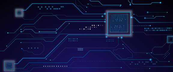 Vector Quantum CPU AI Chip on Blue Circuit Board Background. Light Gloving Computer Core and Circuit Components.