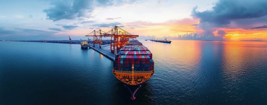 Large container ship docked at port during vibrant sunset with colorful stacked shipping containers and cranes in expansive harbor under cloudy sky