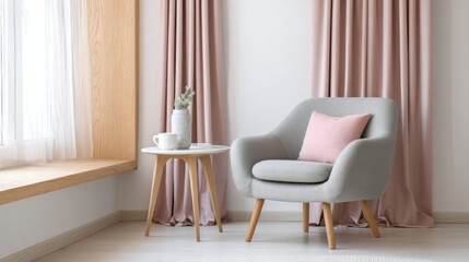 cozy Scandinavian reading corner with milk grey armchair, light wooden window frame, dusty pink curtains, limestone side table, soft shadows