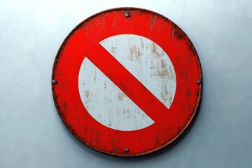 rusty circular no entry traffic sign with red and white colors mounted on a pale gray wall