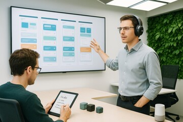 Two tech professionals collaborating in modern office with digital tablet and UI display screen during planning session. Ai generative. Ai generative