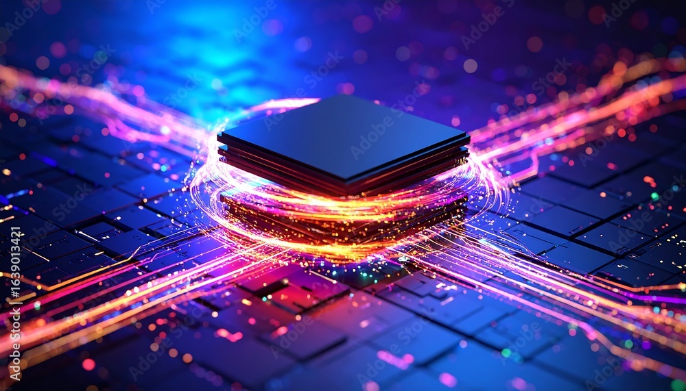 Poster dark cpu chip with vibrant light trails on circuit board