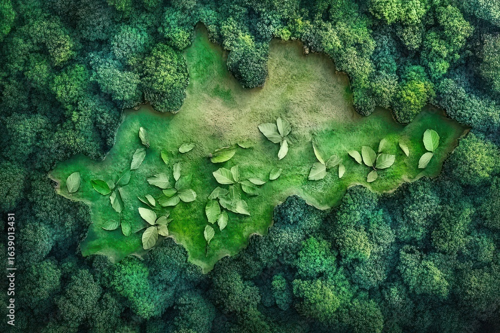 Poster aerial view of dense forest surrounding a clearing with scattered large leaves creating a natural co