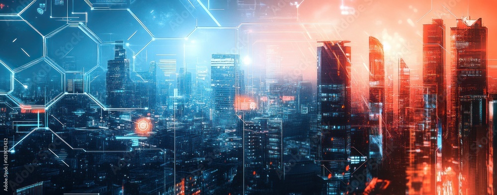 Poster futuristic cityscape at dusk with tall skyscrapers illuminated by blue and orange lights, overlaid w
