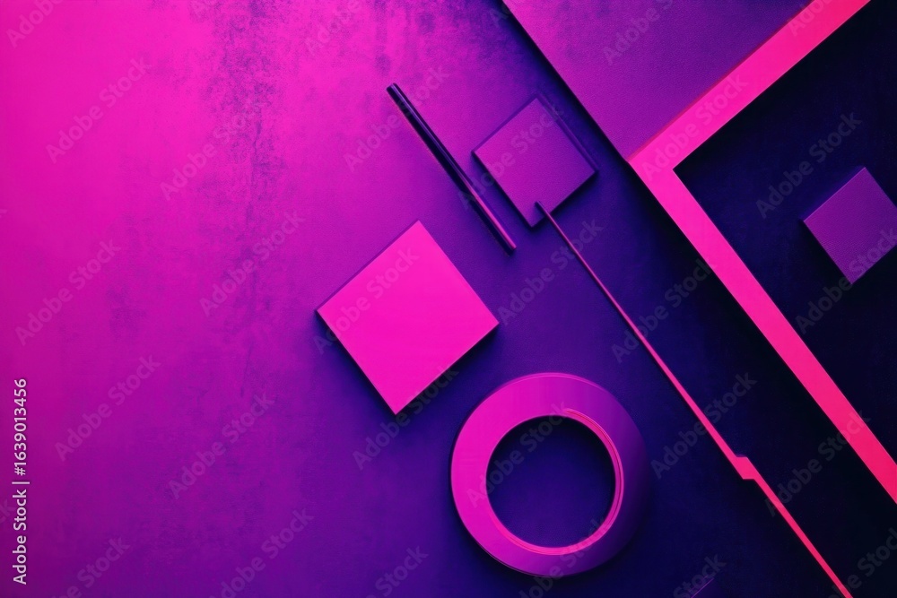 Poster abstract geometric shapes including circles and squares arranged on a textured surface with vibrant 
