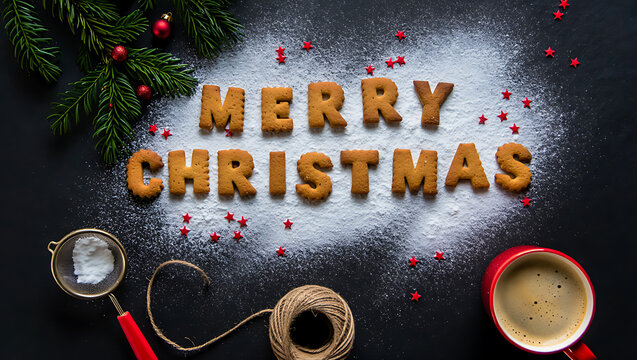 Festive holiday greeting with gingerbread letters and coffee christmas