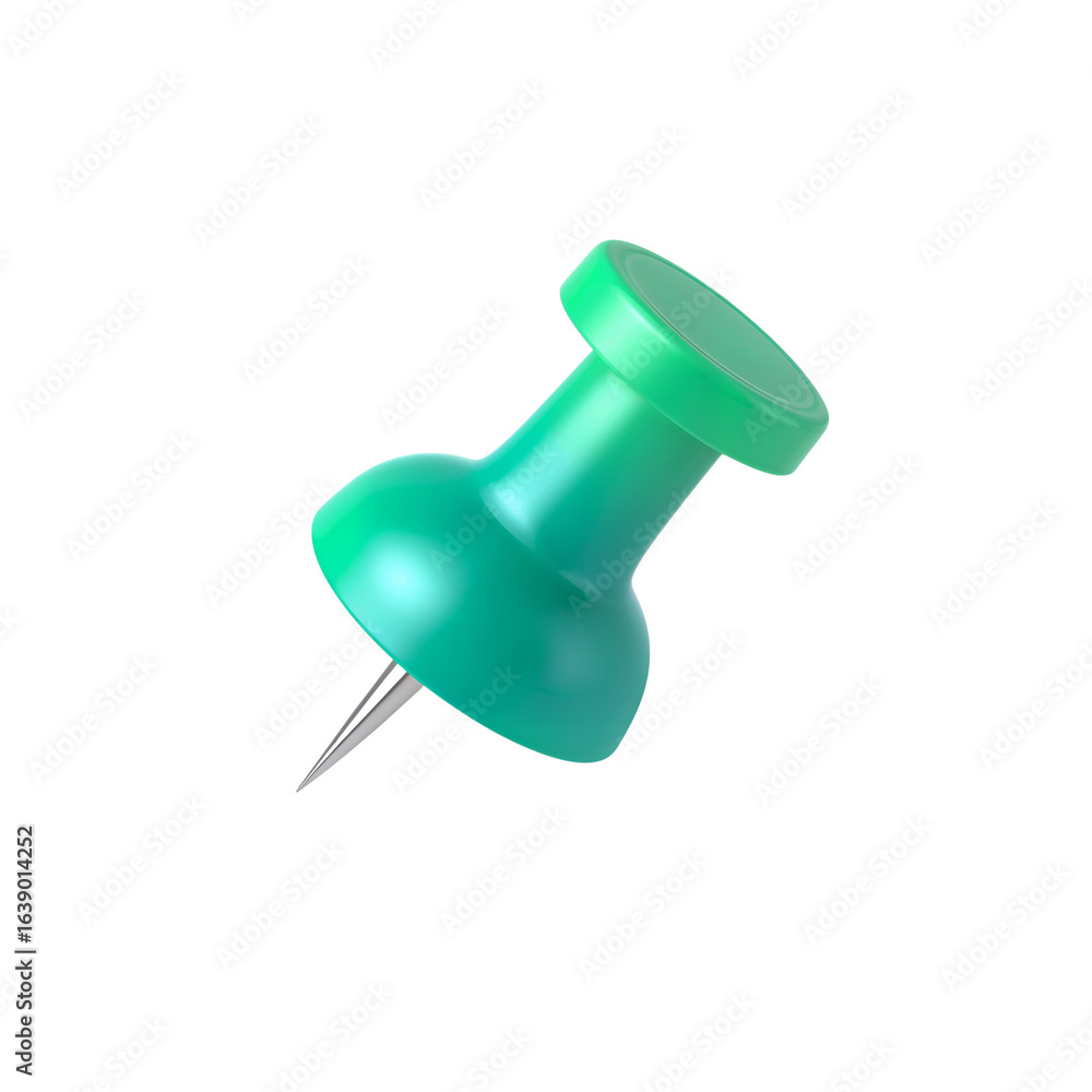 Poster a digitally rendered green pushpin with a sharp point floating on transparency