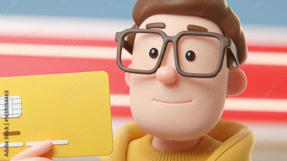 Poster e wallet integration concept. a character holding a yellow card representing digital transactions.