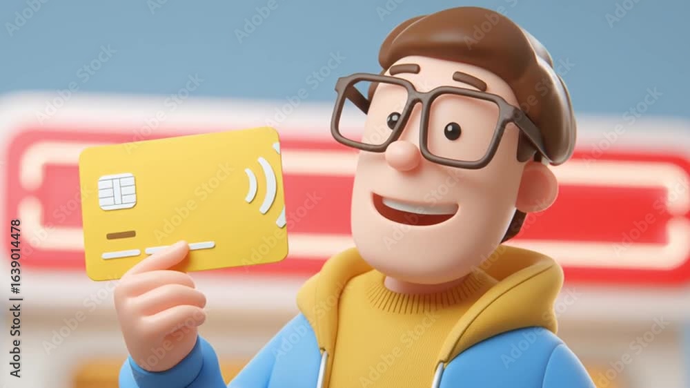 Poster e wallet integration concept. featuring a character holding a payment card.