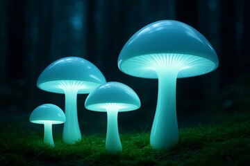 Glowing bioluminescent mushrooms emitting soft blue light in a dark forest background, surreal fantasy nature concept with mystical atmosphere. Ai generative