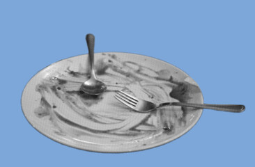 empty plate with spoon and fork after finished meal pixelate grayscale color halftone dotted texture style collage element isolated on blue background