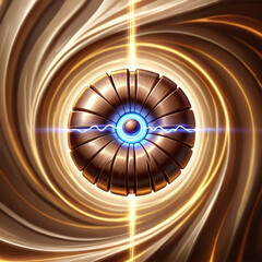 Futuristic metallic sphere with glowing blue energy core and radiating golden light trails, representing advanced technology and power