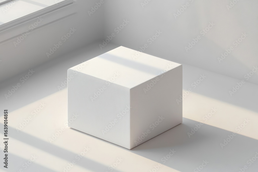 Poster minimalist white cube casting soft shadows on a smooth surface in natural light through window blind