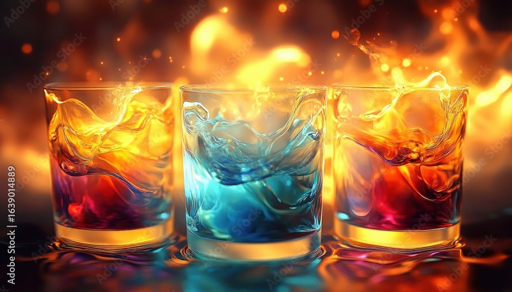 Poster three glasses with vibrant liquid splashes in warm fiery background creating a dynamic and dramatic 