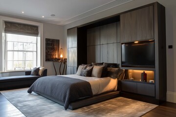 Modern bedroom layout featuring a TV lift concealed at the bed's base for an uninterrupted visual appeal