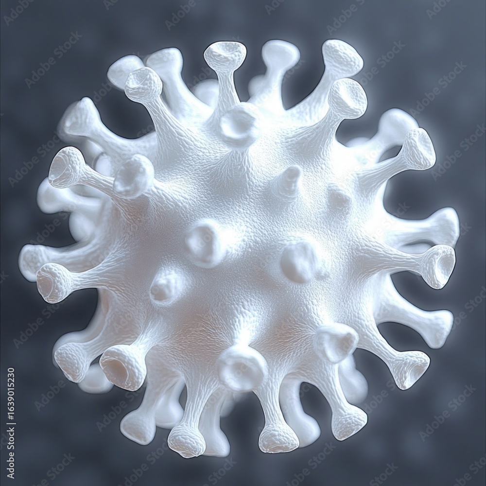 Aufkleber close-up 3d visualization of a white spherical virus particle with textured surface and irregular sp