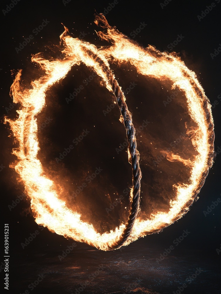 Poster two large intertwined ropes engulfed in bright flames glowing against a dark background creating a d