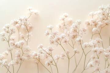 Delicate white baby's breath flowers with soft pink accents on thin green stems against a light neutral background creating a gentle and airy atmosphere