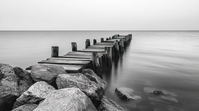 Fototapeta black and white image of an old wooden pier extending into calm water with large rocks in the foreground under a clear sky