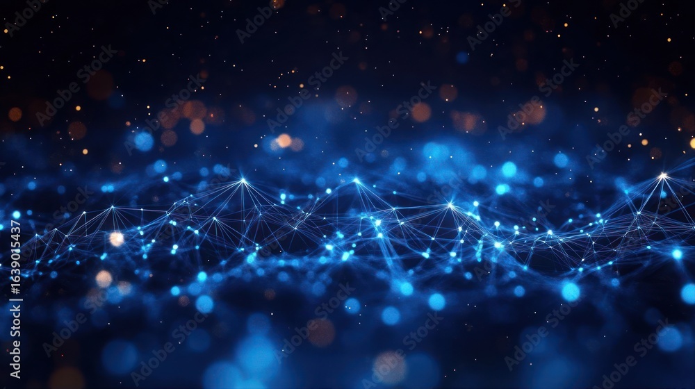 Poster abstract network of glowing blue nodes connected by lines against a dark background with scattered w
