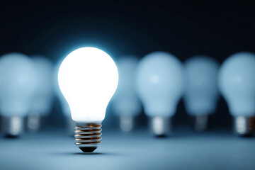 A single light bulb is lit up in a row of other light bulbs