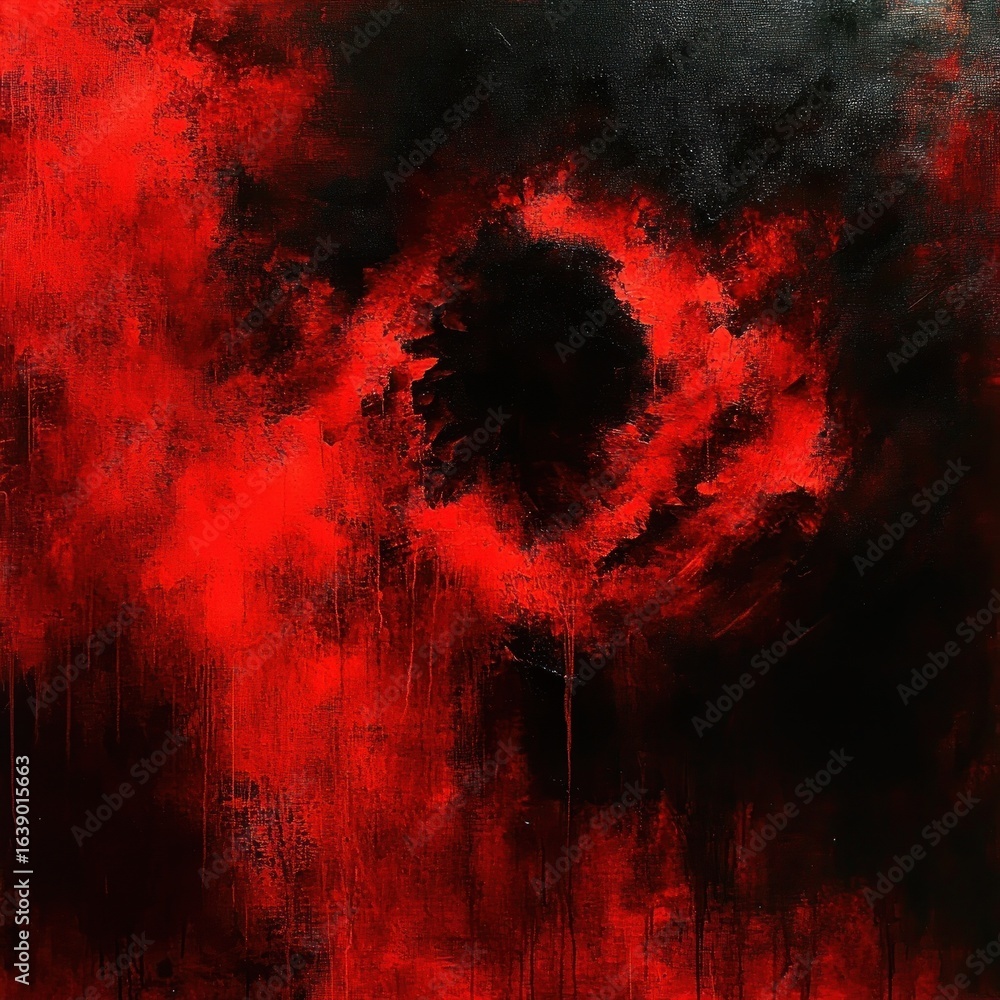 Aufkleber abstract dark painting with vivid red swirling patterns and a central black void creating a dramatic