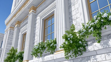 Fototapeta premium Minimalist White Building with Floral Accents in Bright Blue Sky